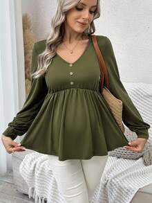 SHEIN Casual Long Sleeve Ruffle Hem Maternity T-Shirt - Army Green - View 1