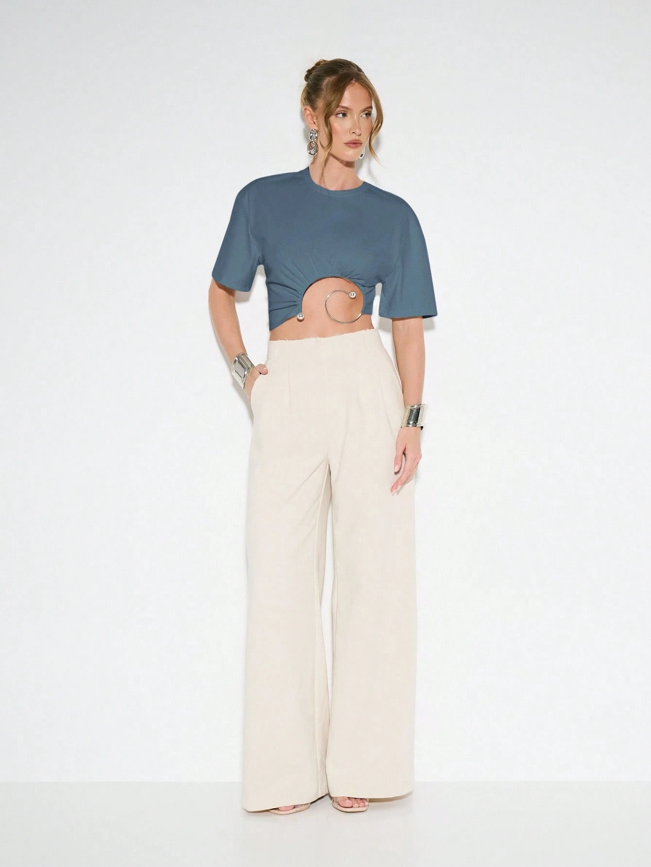 KIZN Crop Top With Metal Ring Detail Short Sleeve