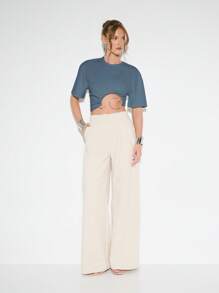 KIZN 超大号短款上衣，金属环细节短袖 T 恤，节日夏季休闲宽松镂空设计 - 藏蓝色 - 查看 4