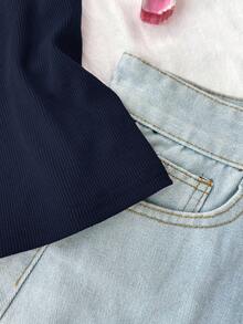 少女春夏情人节、休闲家居、干净女孩、美国 BM 风格、Y2K 女孩、海军蓝和白色对比罗纹针织拼布蕾丝荷叶边蝴蝶结紧身短袖 T 恤