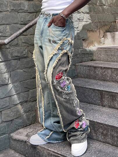 ROMWE MEN Street Life Men's Washed Distressed Floral Embroidery Patchwork Layered Denim Jeans