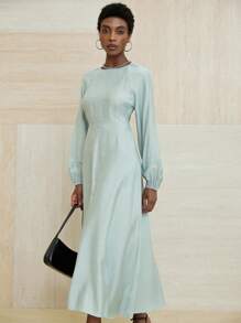 Aveloria Modichic 秋季钛绿色长裙，圆领长袖，收腰设计，优雅的艺术画廊漫步和日常休闲装 - 綠色 - 查看 5