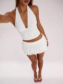 SHEIN BAE Women's Solid Color Ruched Waist Layered Ruffle Hem Fashionable Short Skirt