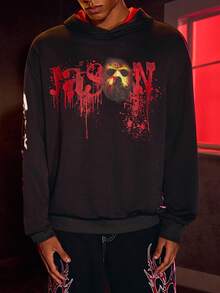 WB Horror X SHEIN Men Horror Movie Mask Pattern Hooded Long Sleeve Sweatshirt - Black - View 1