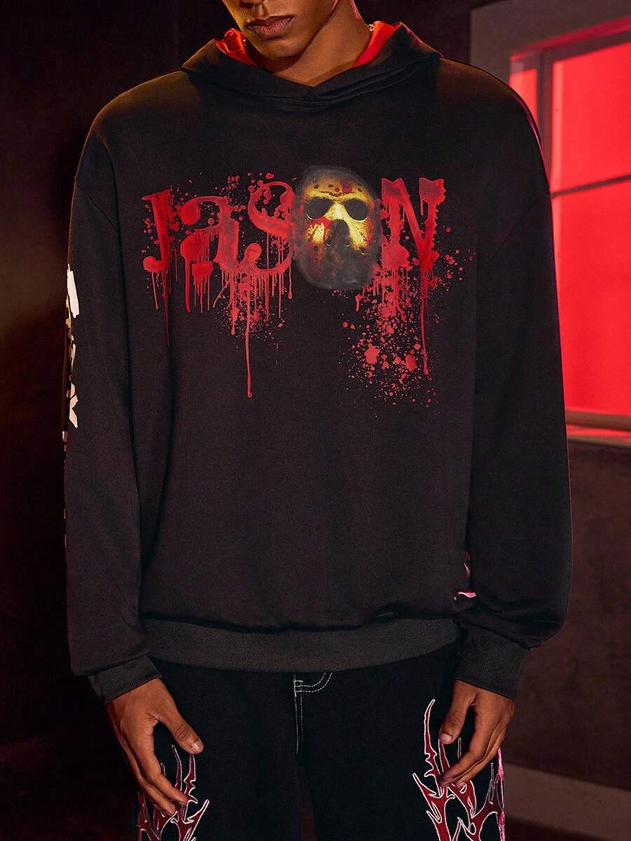WB Horror X SHEIN Men Horror Movie Mask Pattern Hooded Long Sleeve Sweatshirt - Black - View 1