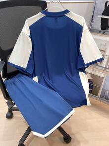 SHEIN 2 件套青少年男童拼布运动字母撞色短袖 T 恤和短裤套装,休闲、学校、旅行、运动、舒适、柔软、百搭 - 藏蓝色 - 查看 4