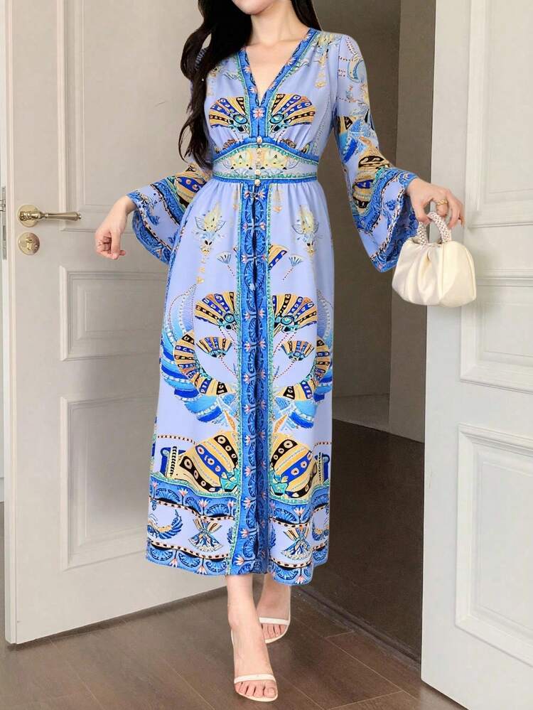 Women's Bohemian Style Vacation Floral Print Waist Cinched Deep V Flare Sleeve Dress Long Sleeve Dress Maxi Dress Boho