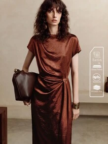 Chiquease Đầm suông màu trơn thanh lịch, thiết kế ôm dáng độc đáo, dệt kim mùa hè dành cho nữ - màu nâu - Xem 1