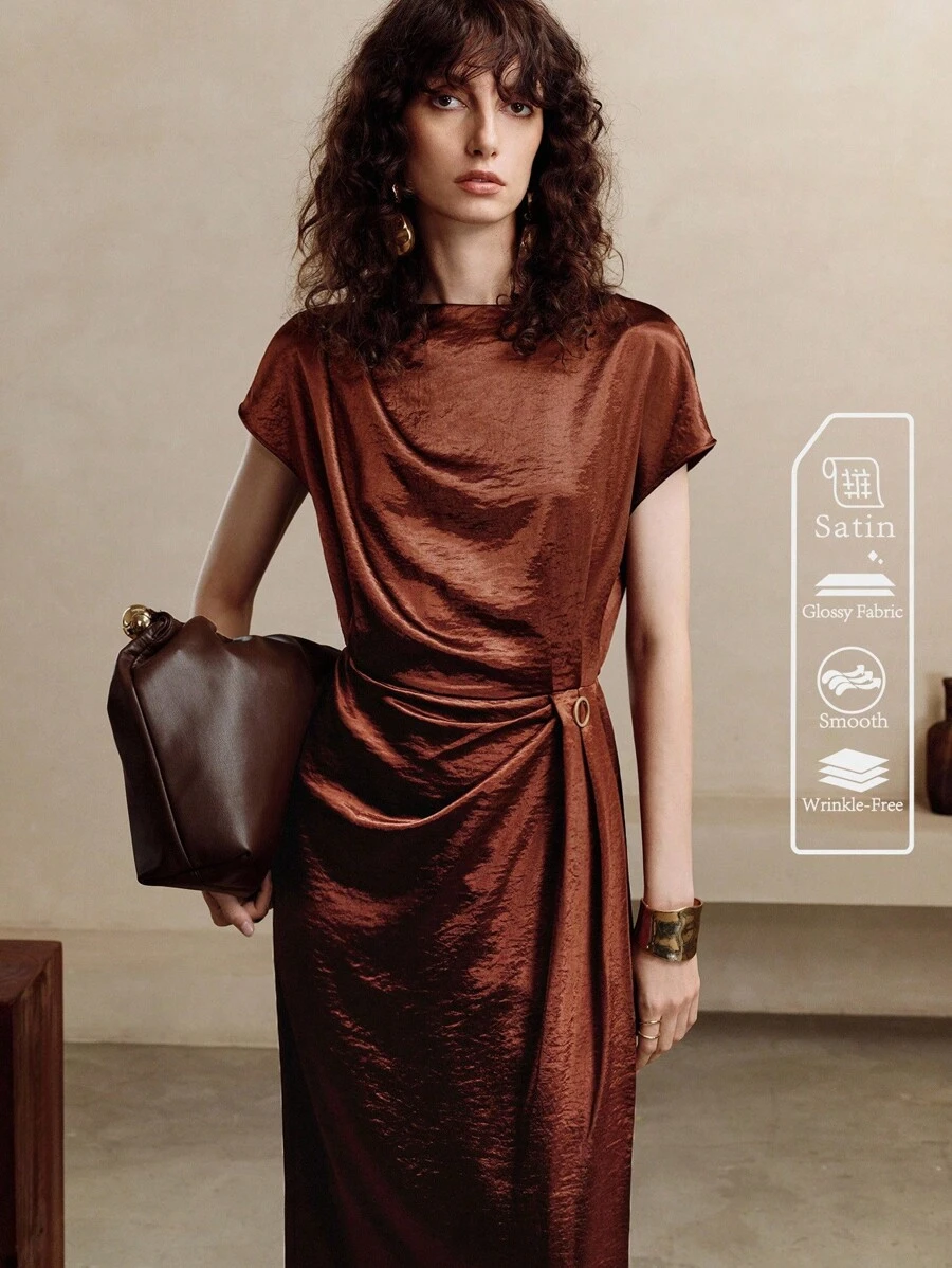 Chiquease Đầm suông màu trơn thanh lịch, thiết kế ôm dáng độc đáo, dệt kim mùa hè dành cho nữ - màu nâu - Xem 1