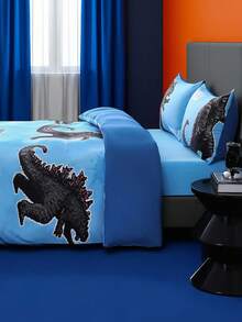 GODZILLAxKONG X SHEIN 3pcs Cartoon Pattern Bedding Set, Soft, Breathable And Warm, Suitable For Single/Double/Queen/King Size Beds, Great For Children,Dinosaur For Bedroom Decor