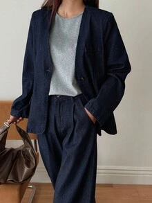 Women's V-Neck Denim Blazer Jacket And Loose Wide-Leg Pants 2 Pieces Casual Denim Suit Set - Medium Wash - View 7