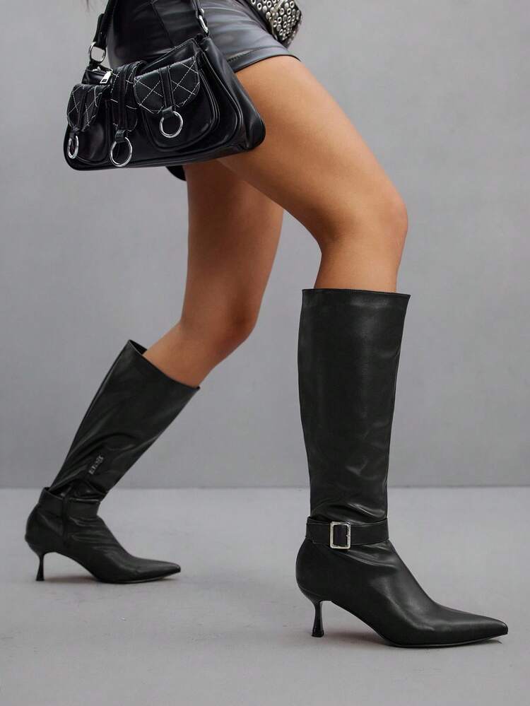 CUCCOO SZL Women's Fashion Sexy Pointed Toe Stiletto Heel Mid-Calf Boots, Black Pull-On