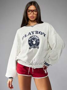 Missguided x Playboy 复古大学风格纽约图案印花运动衫，腰部抽绳，莱特曼学院风秋冬时尚弹性下摆 - 淺灰色 - 查看 1