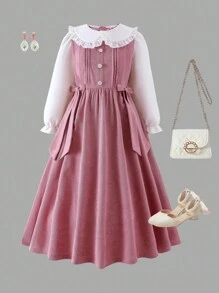 Vestido de niña preadolescente con cuello Peter Pan y decoración de lazo plisado 2 en 1 - Rosa - Ver 3