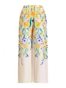 Ellevyn 女士宽松长款衬衫外套和阔腿裤两件套，黄色花卉印花，优雅日常穿着 - 彩色 - 查看 5