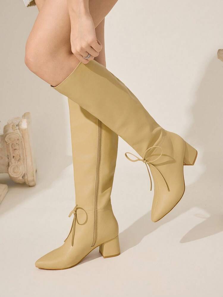 CUCCOO CHICEST Women's Pointed Toe Chunky Heel Ankle Boots With Bow Accent, Elegant & Sweet, Suitable For Commute, Date, Work, Thanksgiving, Christmas, Halloween, Versatile, Faux Leather, Ginger Color