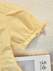 Sparklyn 条纹前扣短袖休闲衬衫，灯笼袖，蝴蝶结褶腰A字修身版型，适合女孩、办公室、度假休闲、夏季 - 黃色 - 查看 3