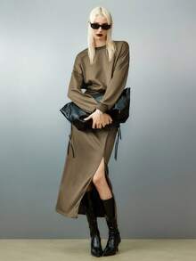 Airlisse Women's Side Slit Twist Pleated Sweatshirt Dress, Elegant For Vacation - Gray green - View 4