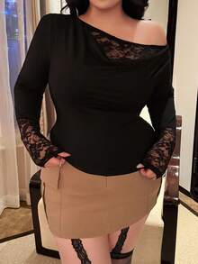 Flirla Áo thun dài tay ren bất đối xứng thiết kế trễ vai thanh lịch cỡ lớn, áo crop top ôm vừa vặn gợi cảm dành cho nữ mùa thu - màu đen - Xem 4