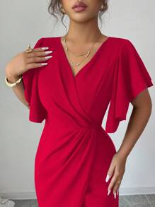 Elenzga 红色圣诞荷叶边袖V领腰部合身美人鱼下摆优雅浪漫女士连衣裙 - 紅色 - 查看 4