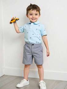 Souflis Souflis New Toddler Boys Summer Simple Fashion Polo Shirt With Ribbed Collar And Cuffs, Cute Boat Print And Striped Shorts, Stylish Suit - Multicolor - View 1