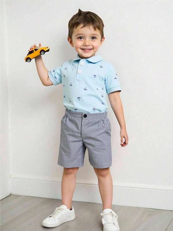 Souflis Souflis New Toddler Boys Summer Simple Fashion Polo Shirt With Ribbed Collar And Cuffs, Cute Boat Print And Striped Shorts, Stylish Suit