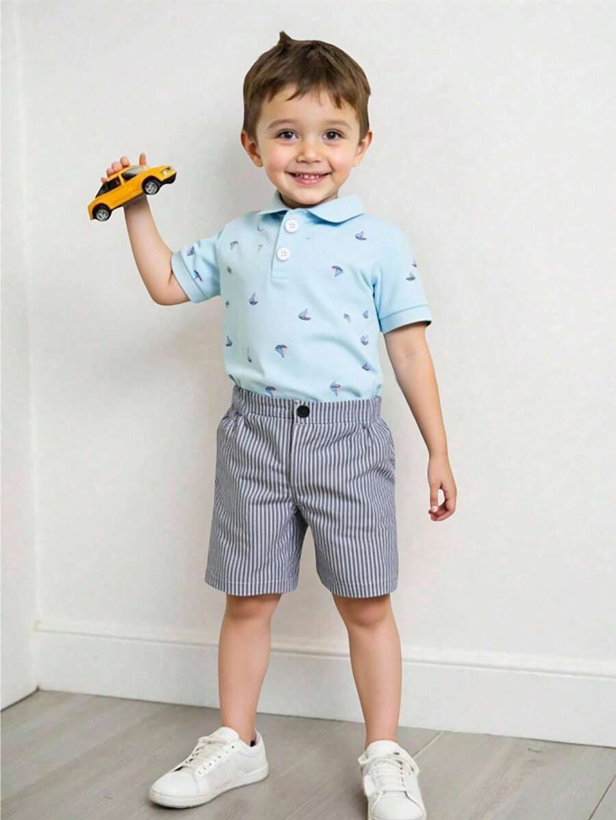 Souflis Souflis New Toddler Boys Summer Simple Fashion Polo Shirt With Ribbed Collar And Cuffs, Cute Boat Print And Striped Shorts, Stylish Suit - Multicolor - View 1
