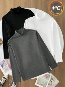 SHEIN 3-Pack Teenage Boys' Minimalist Stand Collar All-Match Tops, Black/White/Gray, Casual, Comfortable, Versatile, Suitable For School, Outings, Outdoor Activities, Layering, Autumn/Winter Turtleneck Long Sleeve Tops Boys Turtleneck Plain Turtleneck Turtlenecks - Multicolor - View 1