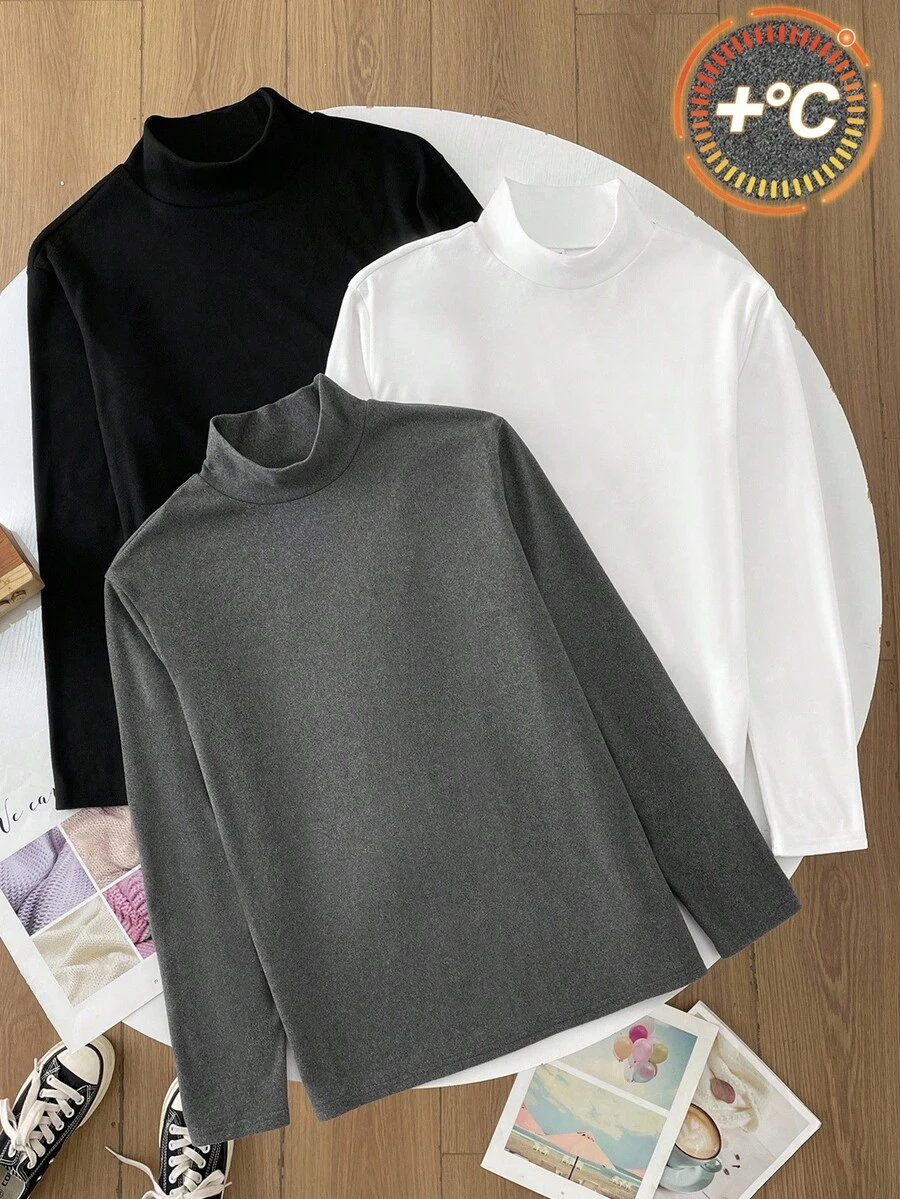 SHEIN 3-Pack Teenage Boys' Minimalist Stand Collar All-Match Tops, Black/White/Gray, Casual, Comfortable, Versatile, Suitable For School, Outings, Outdoor Activities, Layering, Autumn/Winter Turtleneck Long Sleeve Tops Boys Turtleneck Plain Turtleneck Turtlenecks - Multicolor - View 1