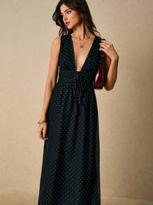 Poéselle 女式圆点印花深V领无袖连衣裙 - 黑色 - 查看 2