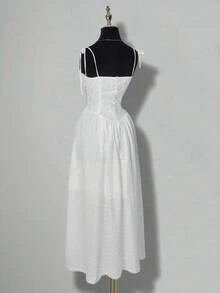 SHEIN ICON Bowknot Strap Waist & Bust Lace Patchwork Flared Dress - White - View 7