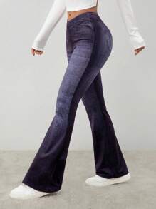 SHEIN PETITE CURVE Plus Size Non-Denim Flare Leg Pants, Denim Effect Print - Navy Blue - View 8