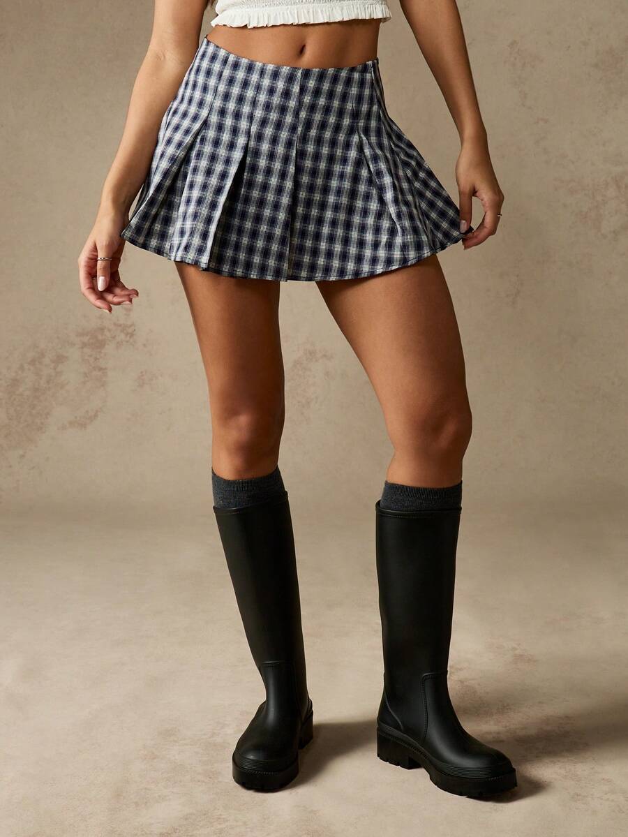 MISSGUIDED 褶皱格子高腰迷你裙网球风格学院风女学生审美秋冬A字制服溜冰者 - 彩色 - 查看 1