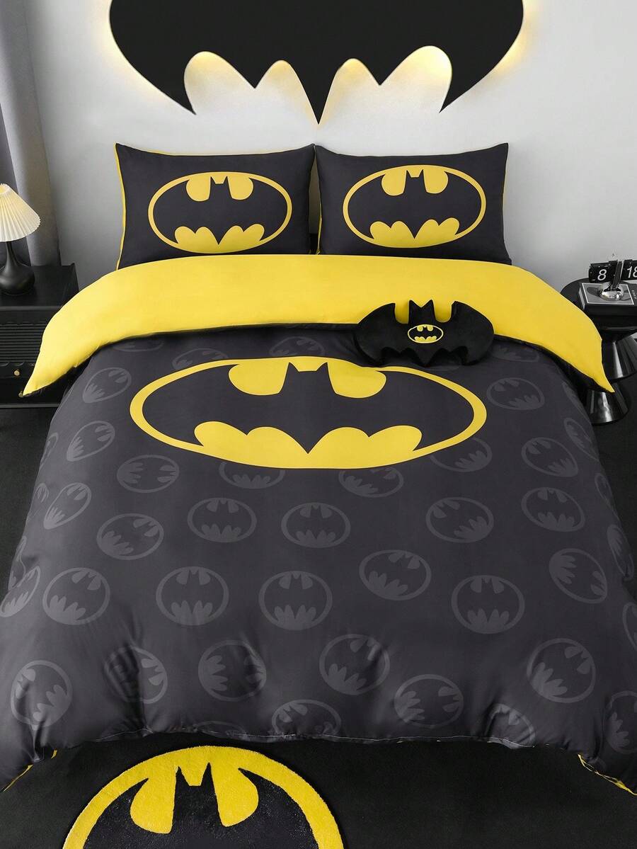 BATMAN X SHEIN 3pc Fashionable & Comfortable Soft Reversible Hero Character Bat Print Duvet Cover Set, For Home, Bedroom