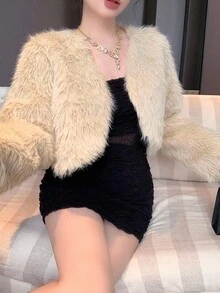 DAZY 女士V领短款宽松长袖优雅蓬松性感夹克秋冬蓬松外套 - 米色 - 查看 5