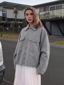 DAZY 女士翻领装饰宽松休闲都市夹克冬季女式外套 - 淺灰色 - 查看 5