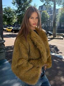 SHEIN EZwear 女士时尚休闲卡其色仿皮草夹克，秋冬 - 卡其色 - 查看 4