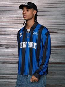 AXEPEAK 男士梭织时尚休闲青年Polo衫，秋季款，长袖上衣 - 藍色和黑色 - 查看 4