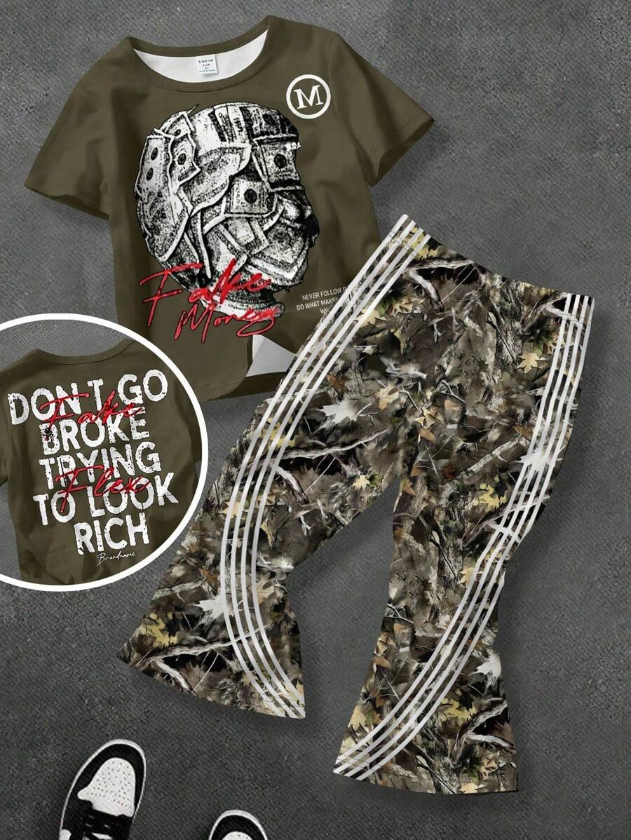 SHEIN 2pcs/Set Baby Boy Short Sleeve Round Neck T-Shirt With Portrait Print, And Bell-Bottom Pants With Leaf Branch Print, Suitable For Summer - Multicolor - View 1