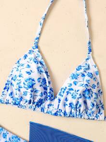 SHEIN Conjunto de bikini floral para niñas preadolescentes, atuendo de playa, ocio de vacaciones, viaje a la , conjunto de traje de baño de tres piezas, traje de baño con falda, traje de baño de tres piezas, traje de baño de niña con pareo, bikini floral con falda - Azul menta - Ver 3