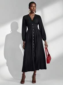 Almamuse Elegant Black Maxi Dress,V-Neck Single-Breasted Long Sleeve Flared Party Night Dress,Fashionable Versatile Women Autumn Spring Clothing - Black - View 5