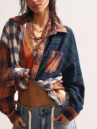 Bohemela 大码女式撞色格子落肩长袖单排扣口袋休闲衬衫