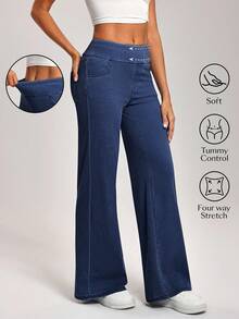 Flexra 女式纯色中腰舒适收腹直筒牛仔裤 - 深色水洗藍 - 查看 3