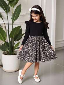 年轻女孩拼布碎花下摆圆领长袖荷叶边休闲连衣裙，适合婚礼、派对、舞会、生日、万圣节、毕业典礼