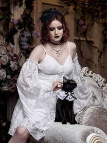 PETSIN Guler din dantelă alb-negru, stil prințesă, cu perle, fundă și design cu animale, pentru ocazii formale, potrivit pentru pisici/câini, accesoriu popular pentru colier cu bavetă pentru animale de companie, potrivit pentru primăvară/vară - Multicolor - Vizualizare 6