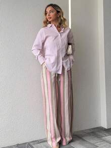 Jeta Ari Pantalones largos de algodón y lino a rayas para mujeres, pantalones informales de pierna ancha para playa y vacaciones, estilo natural elegante, para verano