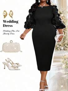 Fleurora 2025 New Plus Size Women's Spring And Fall Casual Elegant Bohemian Style Black Round Neck Knitted Three-Dimensional Floral Fabric Mesh Splicing Puff Sleeve Wedding Dress Plus Size Dress Holiday Clothing For Women,Elegant Dresses For Women Wedding Guest Dress For Women  Party Dress Halloween Costumes,Fall Clothes For Women,Wedding Party Dress Black Midi Dress Elegant Black Dress Black Dress With Sleeves Midi Dress For Church Black Sheath Dress Winter Dress Women New Year Dress - Black - View 3