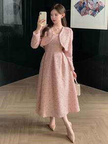 DAZY 2pcs/Set Women's Sleeveless Waist Cinched Dress And Long Sleeve Cardigan Set, Spring/Autumn Lounge Sets For Women - Pink - View 6