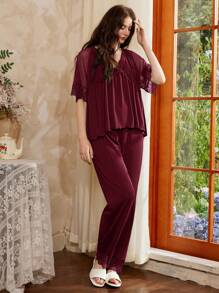 法式优雅复古网眼蕾丝拼接女士睡衣套装女士睡衣套装女士睡衣套装 V 领睡衣