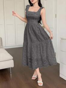 DAZY 法式蕾丝刺绣白色收腰连衣裙，度假仙女风长裙 - 灰色 - 查看 5
